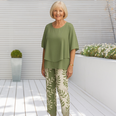 Casira™ - Avslappnad Set med Mönstrade Byxor och Rundhalsad Topp för Damer